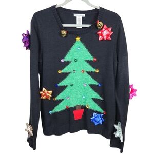 Christmas Sweater UCS Fuzzy Tree With Jingle Bells and Bows Women's Large